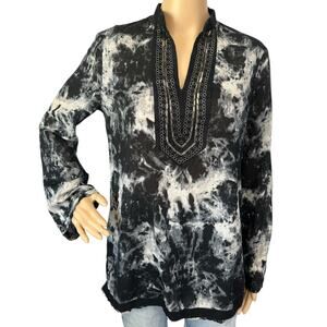 2/$30 Michael Kors Embellished Tie Dye Tunic Top Black Long Sleeve Size M